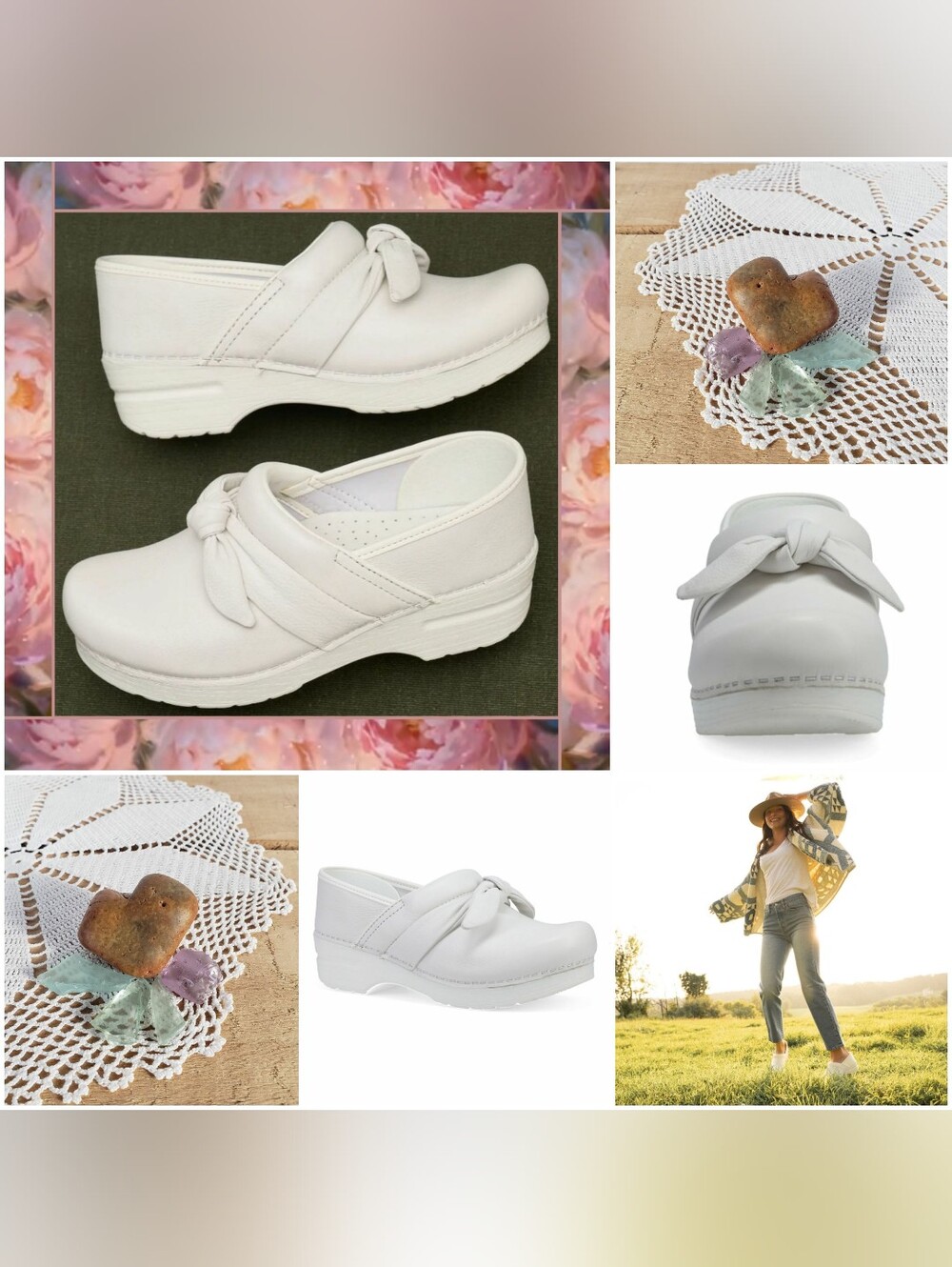 Dansko Pro Bow Clogs White Nappa Soft Leather Spring Prairie Cottage Gypsy ♡